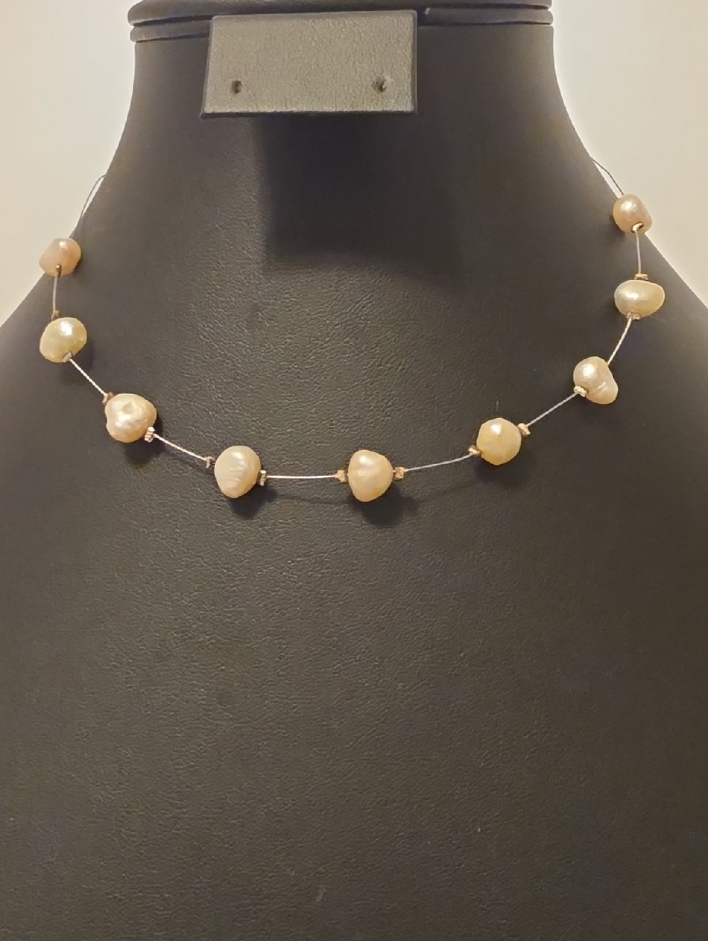 Delicate Champagne Pearl Station Necklace on Gold Wire